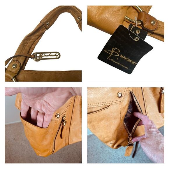 B. Makowsky Tan East West Sadie Pocket Shopper Caramel Leather Shoulder Bag NWT - Picture 12 of 13